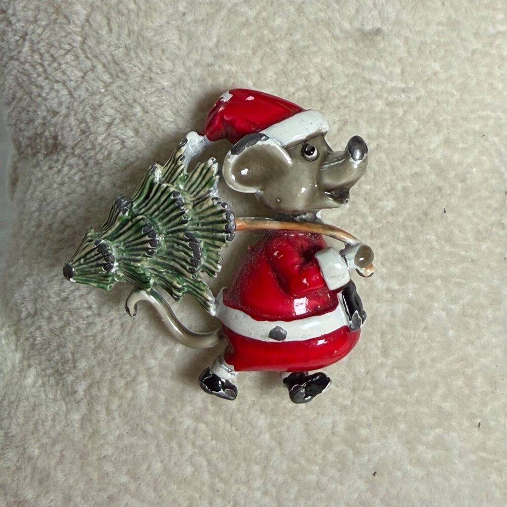 Christmas Mouse Brooch Pin Enamel Metal Santa Carrying Tree Holiday 1.5"